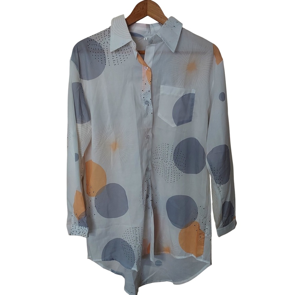 Womens L Geometric  Button‎ Up Shirt Long Sleeve Orange Gray White Top Korean - Picture 2 of 8